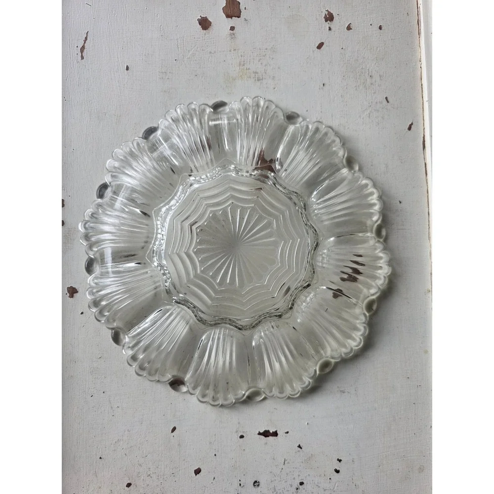 Anchor Hocking Clear Pressed Glass Shell Fan Sunburst Deviled Egg Platter 11